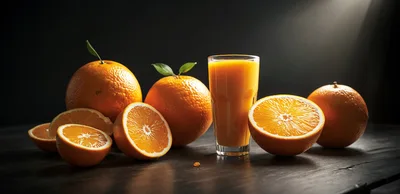 Fresh Oranges And A Glass Of Orange Juice
