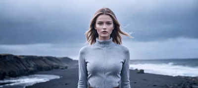 Portrait Of A Woman Standing On A Black Sand Beach