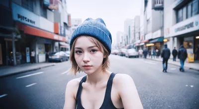 Young Woman Wearing Blue Beanie Standing On City Street