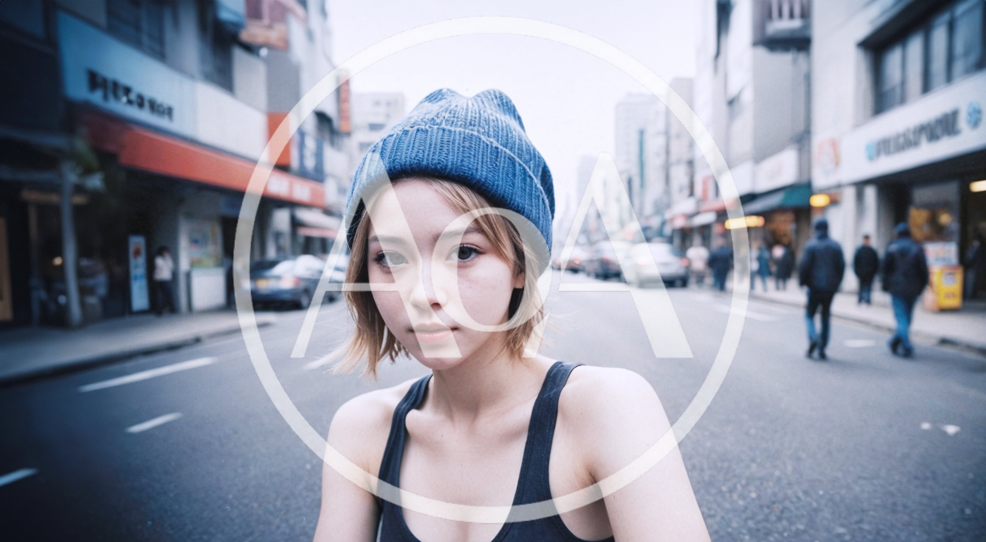 Young Woman Wearing Blue Beanie Standing On City Street