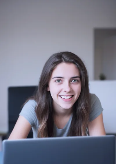 Young Woman Smiling While Working On Her Laptop