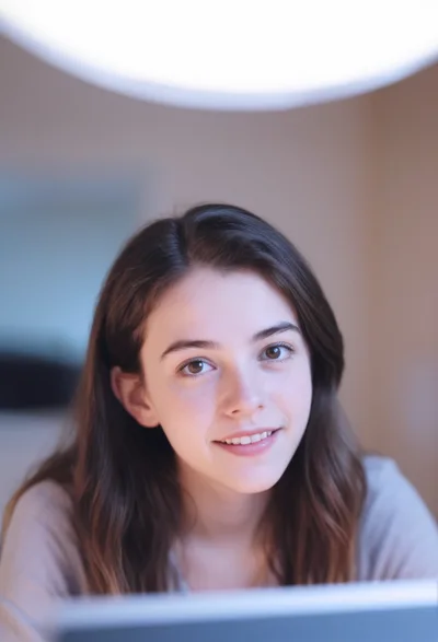 Young Woman Smiling While Working On A Laptop