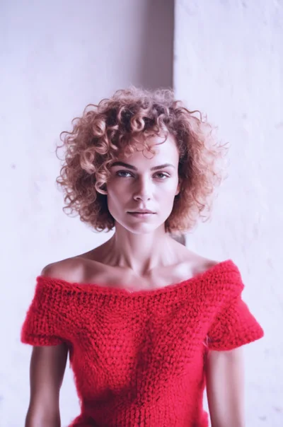 Portrait Of A Woman With Curly Hair In Red Sweater