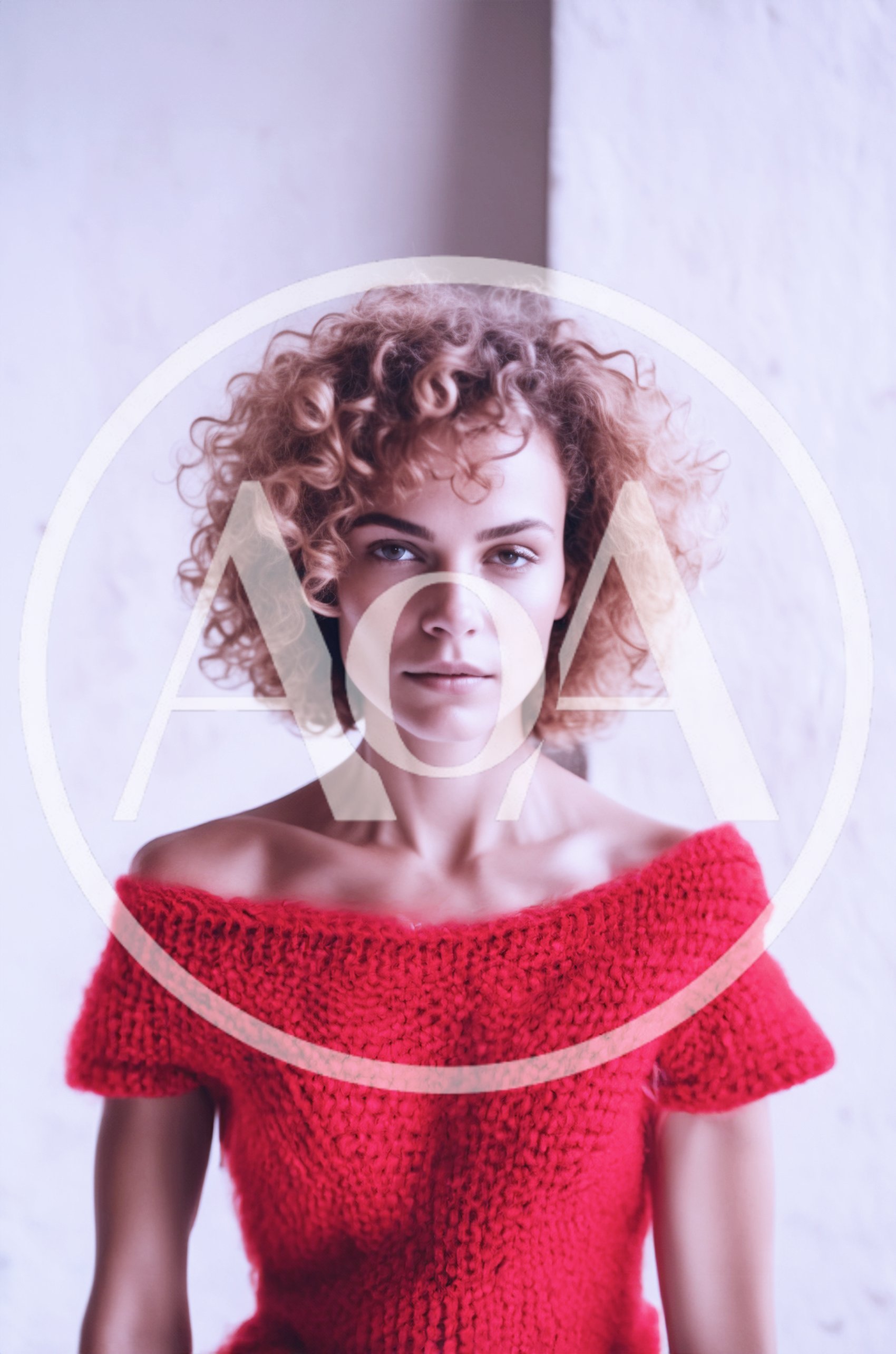 Portrait Of A Woman With Curly Hair In Red Sweater