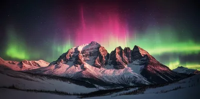 Majestic Snow Covered Mountains Under Vibrant Aurora Borealis