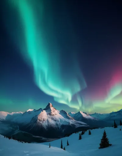 Majestic Snow Covered Mountain Peak Under Vibrant Aurora Borealis