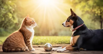 Ginger Cat And Dog Facing Each Other With Ball