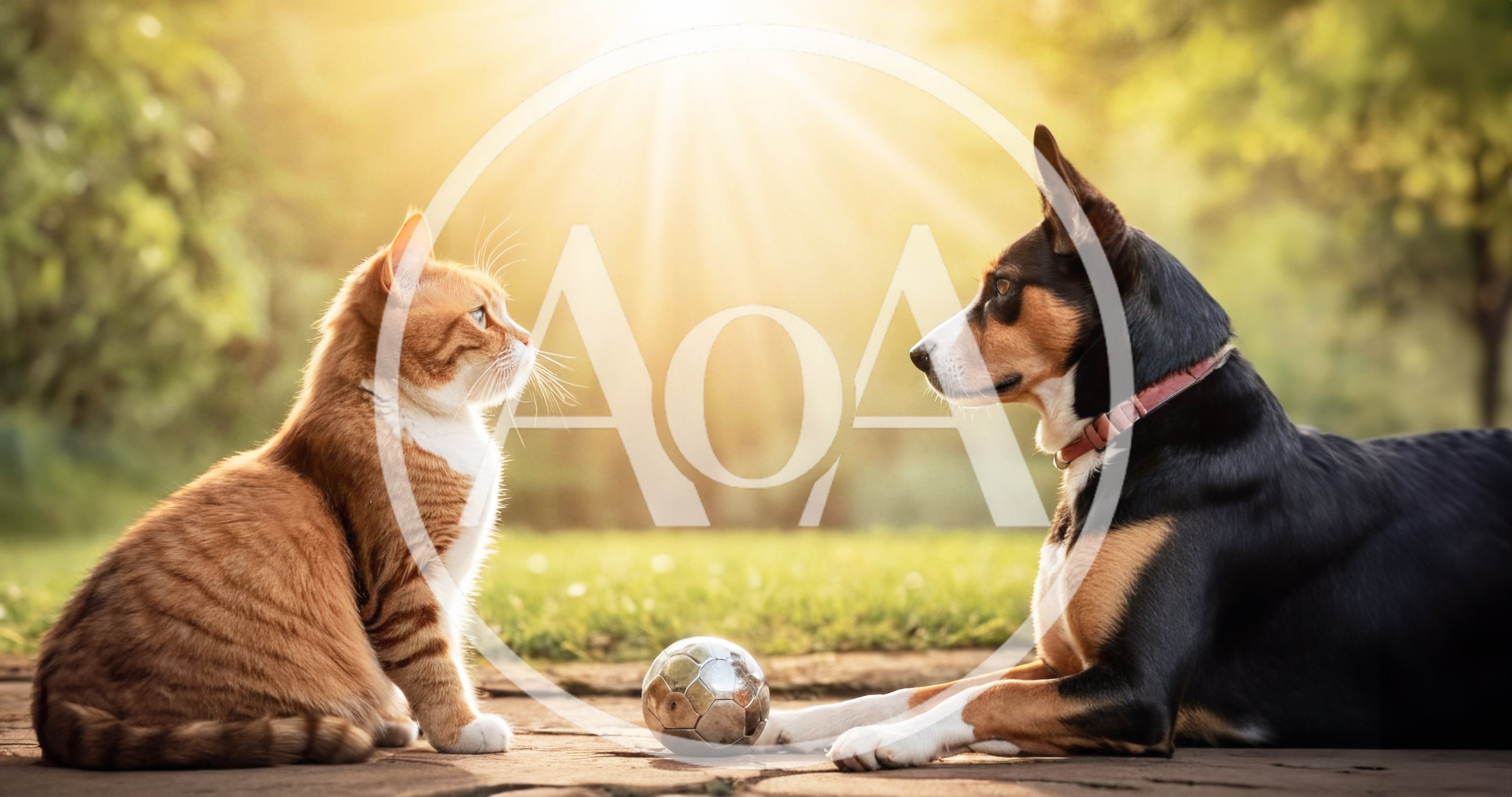 Ginger Cat And Dog Facing Each Other With Ball