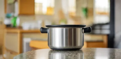 Stainless Steel Cooking Pot On Granite Countertop