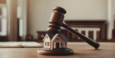 Wooden Gavel Resting On A Miniature House Model