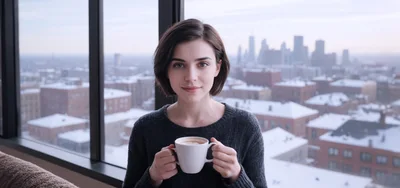 Young Woman Holding A Coffee Mug By A Window