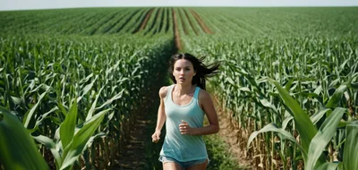 Young Woman Running Through A Cornfield