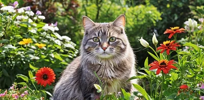 Fluffy Tabby Cat Sitting In A Vibrant Flower Garden