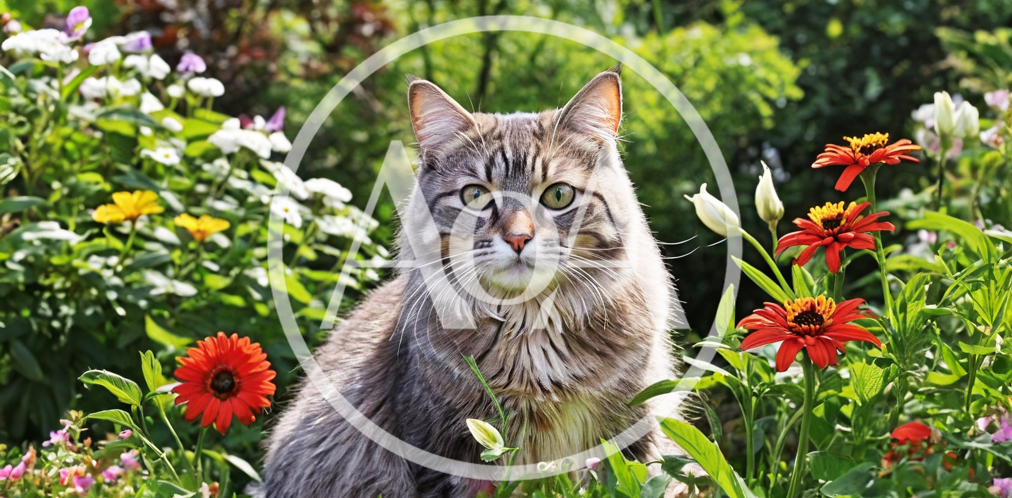 Fluffy Tabby Cat Sitting In A Vibrant Flower Garden