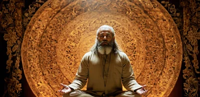 Bearded Man Meditating In Front Of Ornate Golden Mandala