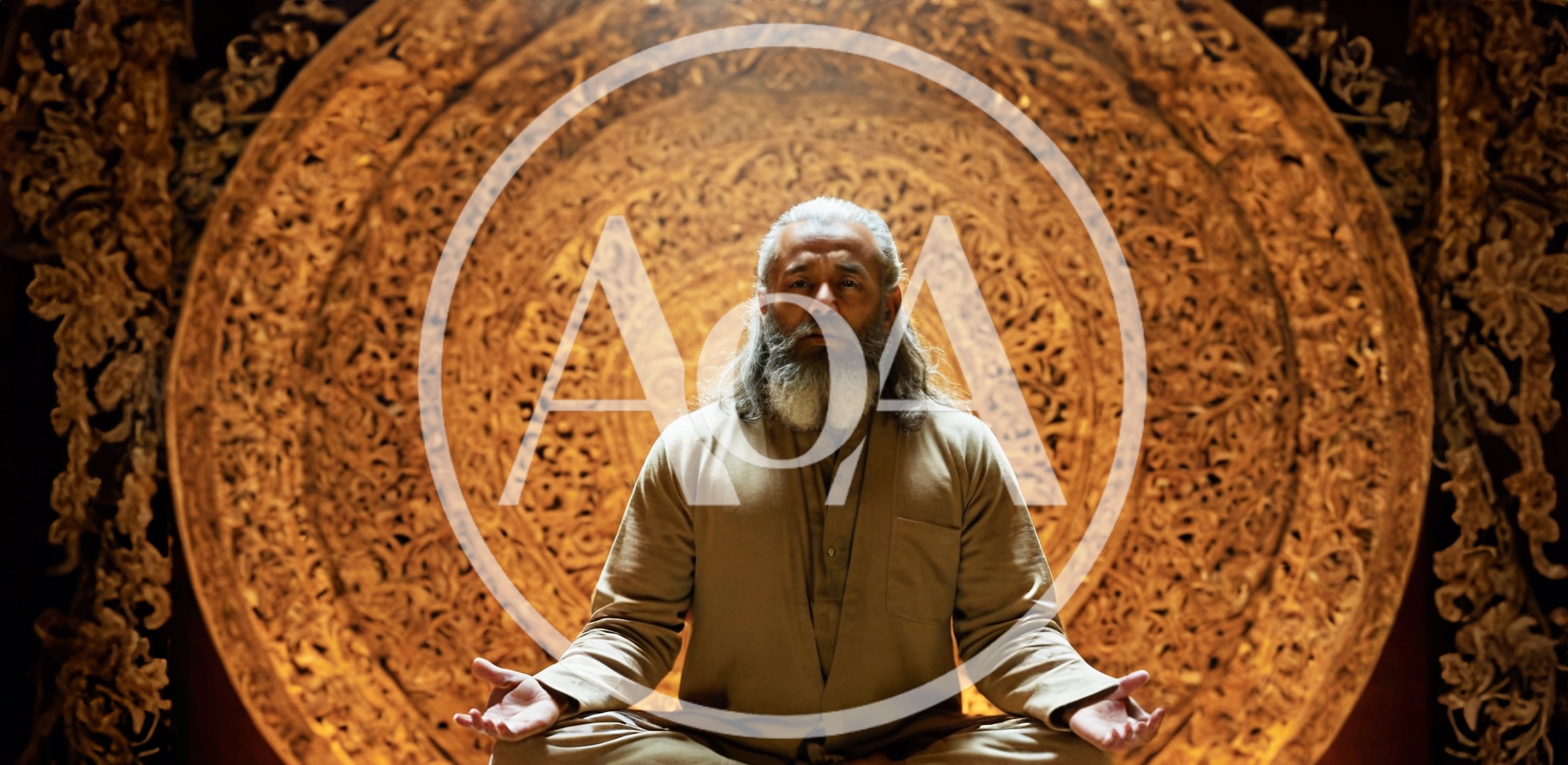 Bearded Man Meditating In Front Of Ornate Golden Mandala