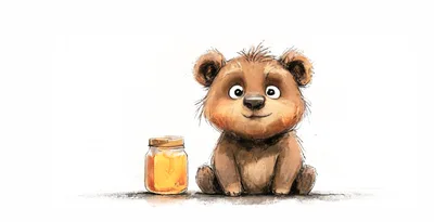 Cute Cartoon Bear Sitting Next To A Honey Jar