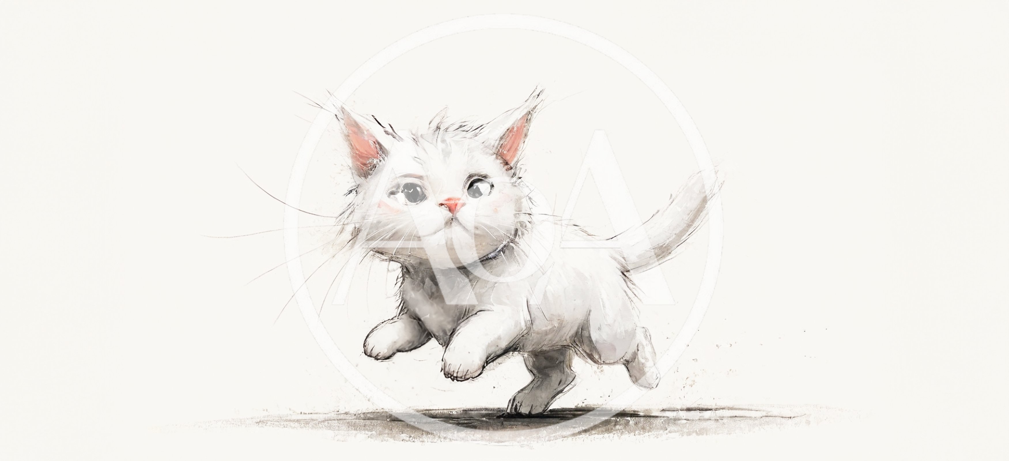 Cute White Kitten Running In Artistic Sketch Style