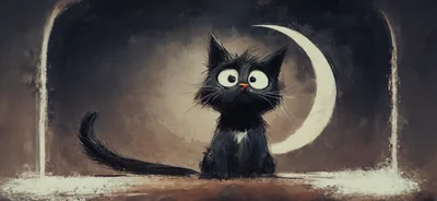 Whimsical Black Cat Illustration With Crescent Moon