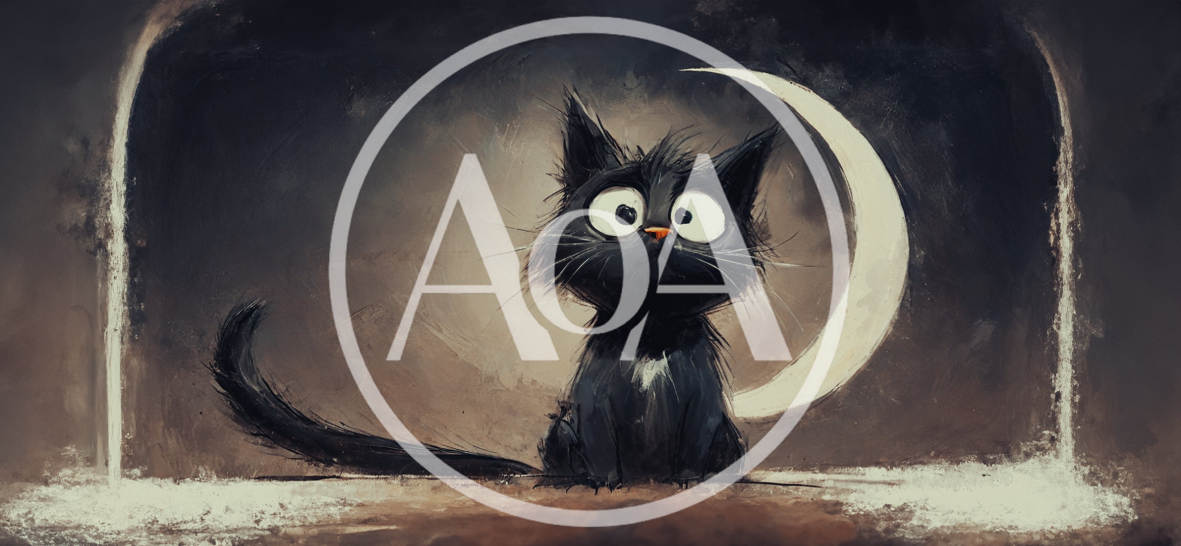 Whimsical Black Cat Illustration With Crescent Moon
