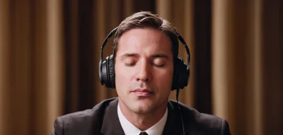 Businessman Listening To Music With Closed Eyes