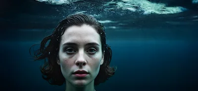Woman Submerged Underwater Looking Directly At Camera