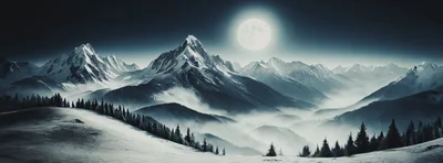 Snowy Mountain Range Under Full Moon