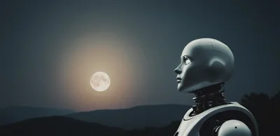 Humanoid Robot Looking At The Full Moon