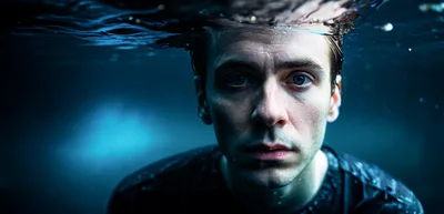 Man Submerged Underwater Looking Directly At Camera