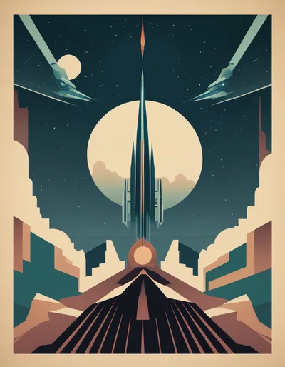 Retro Futuristic Rocket Launching Into Space