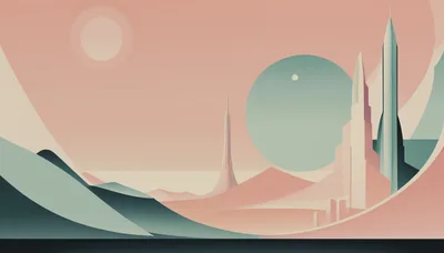 Minimalist Sci-Fi Landscape With Futuristic Towers And Planets