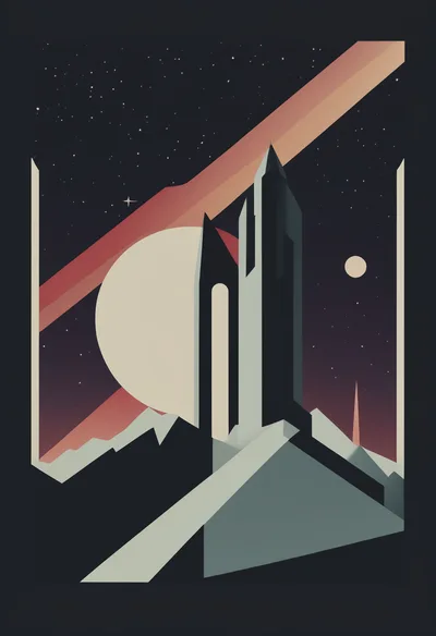 Minimalist Sci-Fi Tower Landscape With Celestial Bodies