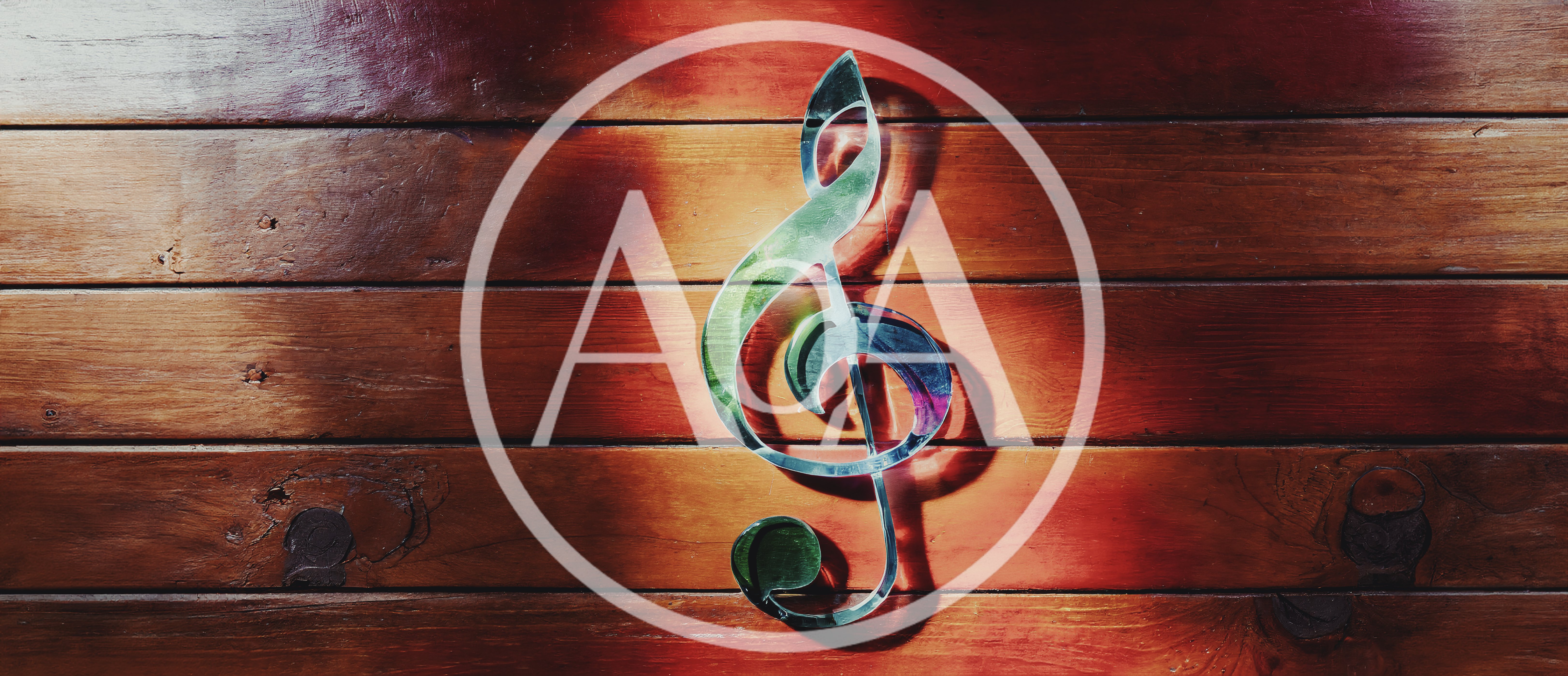 Iridescent Treble Clef Symbol on Wooden Planks