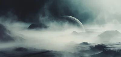 Surreal Alien Landscape With Fog And Distant Planet