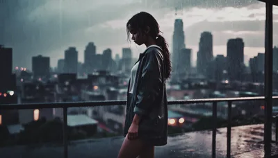 Young Woman Standing Alone on Rooftop During Rainstorm