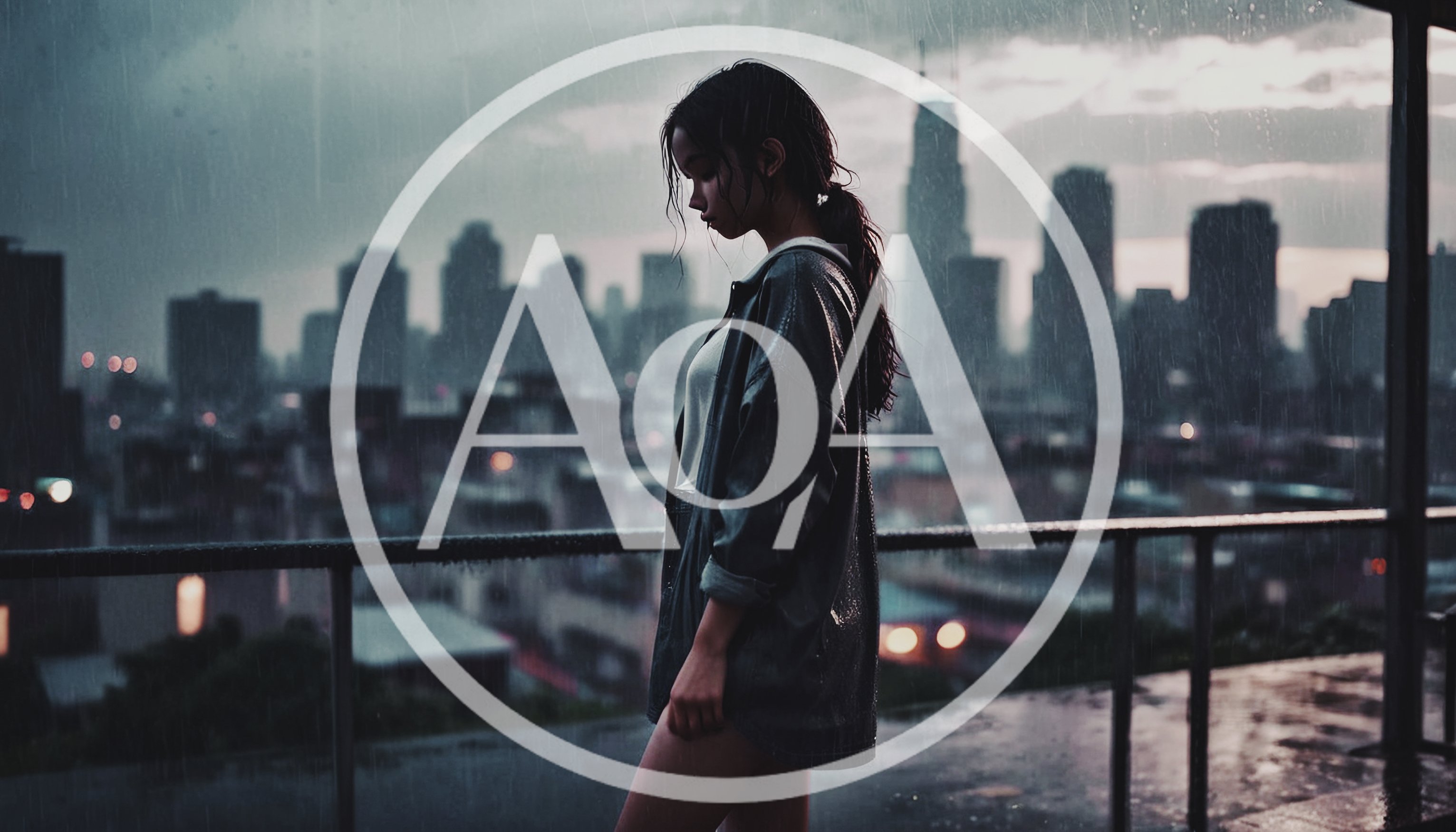 Young Woman Standing Alone on Rooftop During Rainstorm