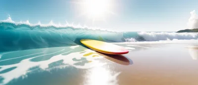 Yellow Surfboard Resting on Sandy Beach Shoreline