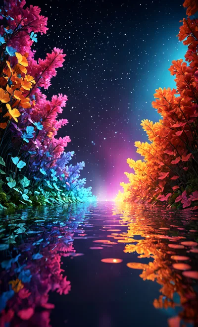 Surreal Bioluminescent Forest Landscape With Reflective Water