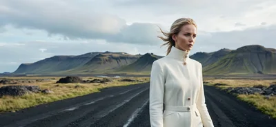 Blonde Woman Standing On A Remote Icelandic Road