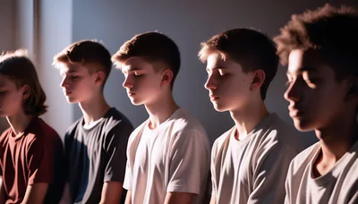 Group Of Young Men Meditating In A Row