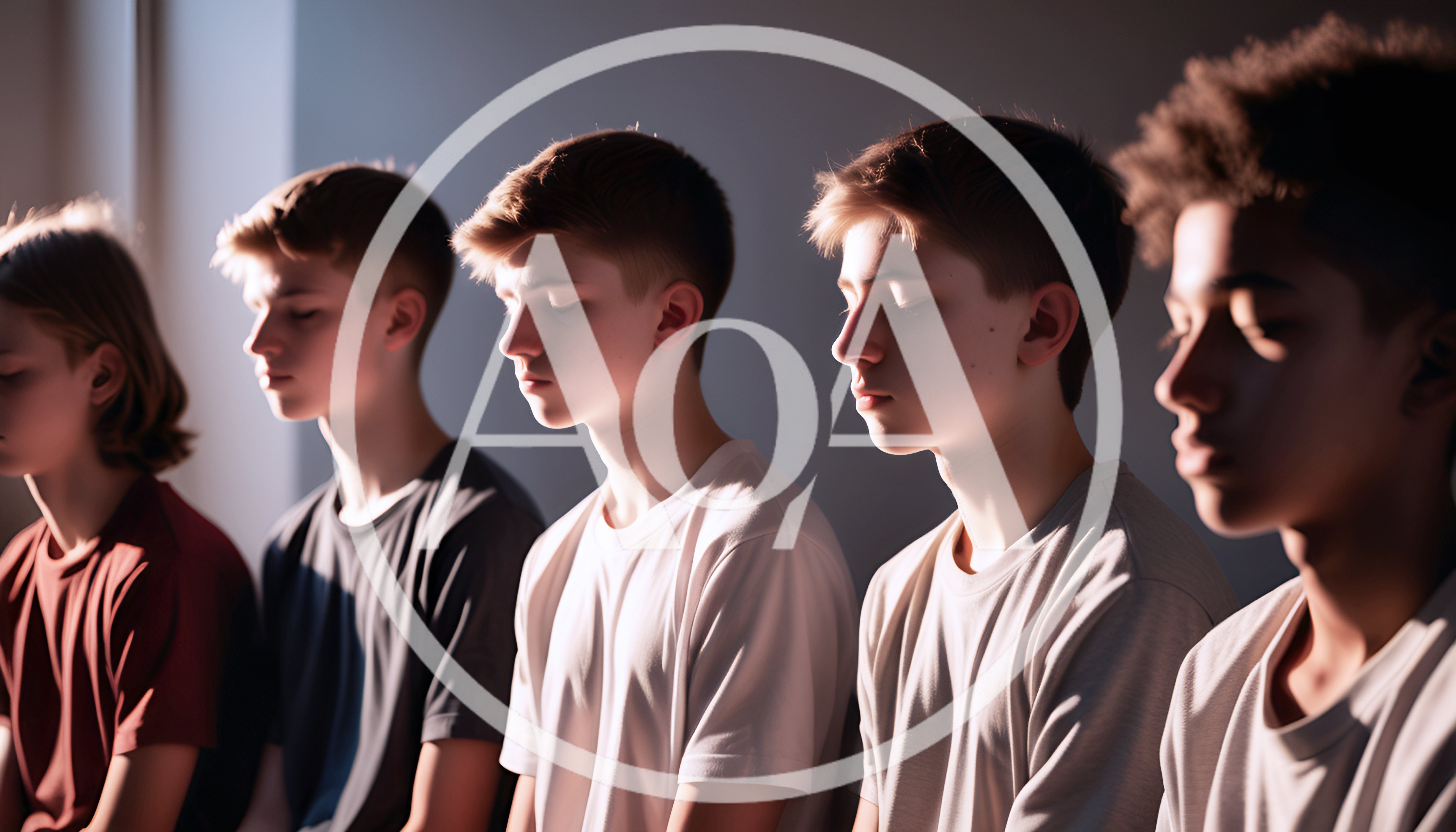 Group Of Young Men Meditating In A Row