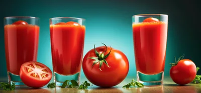 Fresh Tomato Juice Glasses With Whole And Sliced Tomatoes