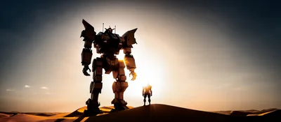 Giant Mecha Robot Standing In Desert At Sunset