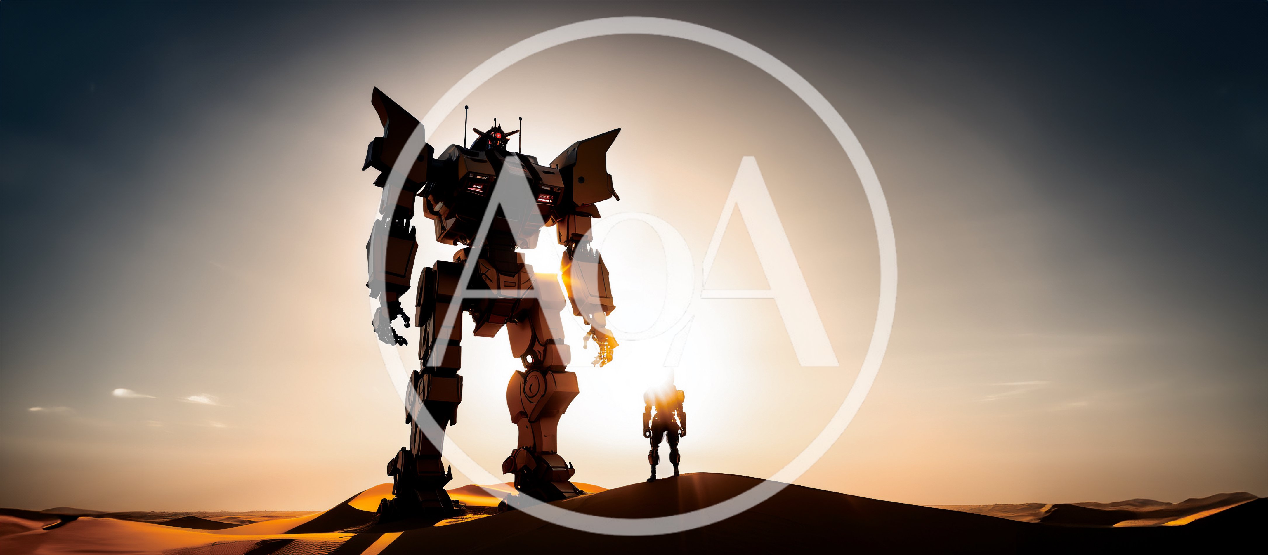 Giant Mecha Robot Standing In Desert At Sunset