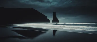 Dramatic Sea Stack Silhouette On Dark Moody Beach