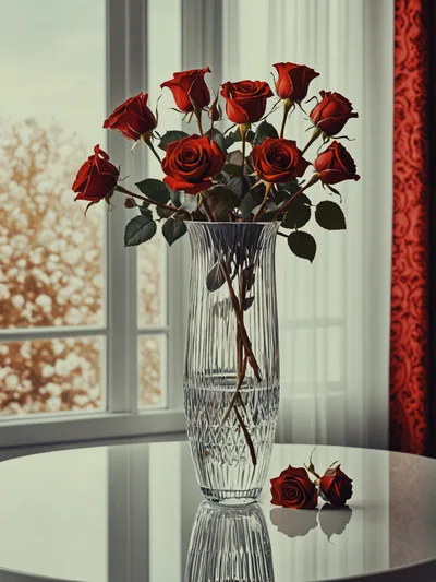 Red Roses In A Crystal Vase On A Table