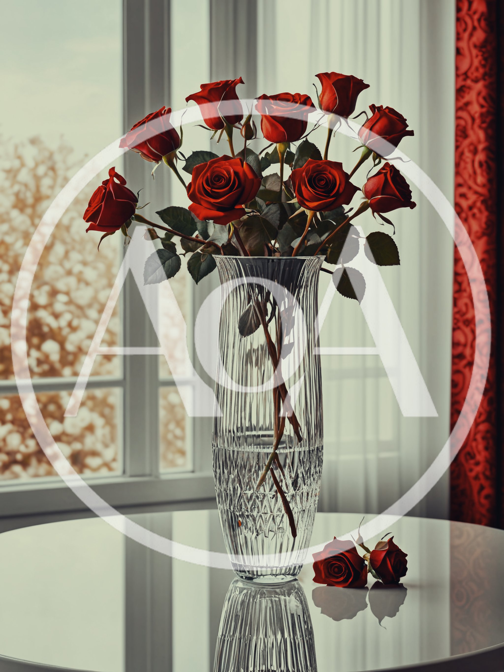 Red Roses In A Crystal Vase On A Table