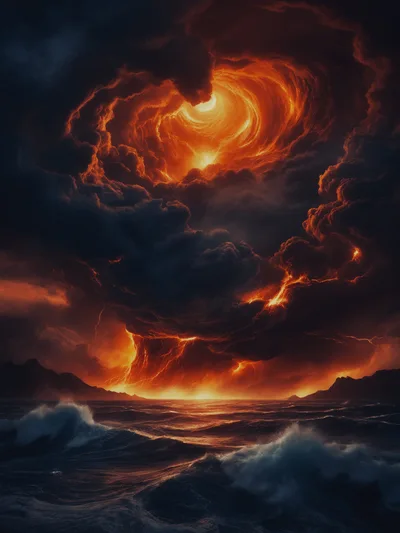 Apocalyptic Storm Over Dark Ocean With Fiery Clouds