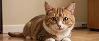 Ginger Tabby Cat Resting On Wooden Floor