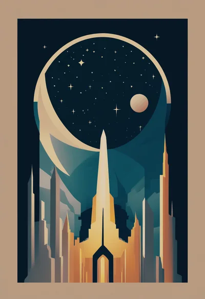 Art Deco Style Futuristic Cityscape With Celestial Moon